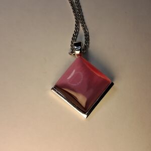 Roman Pink Cat's Eye Style Diamond Shape Pendant Necklace (Silvertone)